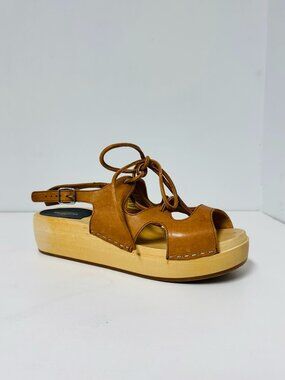 Swedish Hasbeens Brown Leather Lace Up Clog Sandals Shoes Women's Size 39